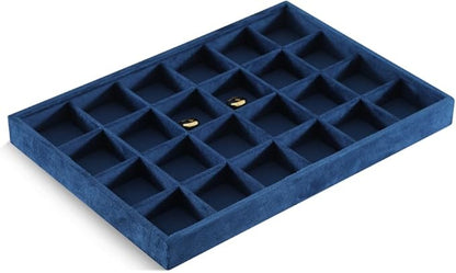 Dansmiy Velvet Stackable Jewelry Display Tray, 24 Grid Earring Ring Storage Tray, Drawer Divider Jewelry Accessories Organizer Plate (Blue)