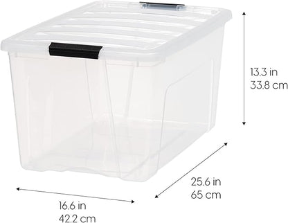 IRIS USA 72 QT Plastic Storage Box with Lid and Latches - 4 Pack - BPA-Free, See-Through Organizing Solution, Durable Nestable Stackable Containers, Secure Pull Handle - Clear