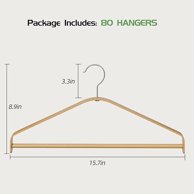 APRTAT Bamboo Wood Hangers 20 Packs, Coat Hangers, Clothes Hangers with 360-Degree Rotatable Hook, Heavy Duty, Non Slip Suit Hangers for Clothes, Jacket, Shirt, Tank Top, Pant (Bamboo, 80 PCS)