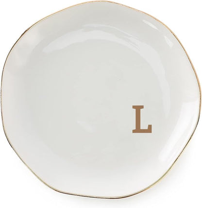 VINCOMIC Initials Ring Dish Jewery Tray with personalized L-Monogrammed Gifts Wedding Engagement for Women Friends sister,Ceramic White