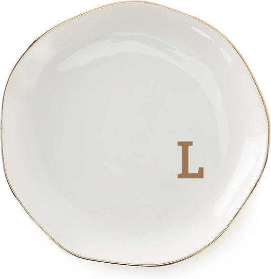 VINCOMIC Initials Ring Dish Jewery Tray with personalized L-Monogrammed Gifts Wedding Engagement for Women Friends sister,Ceramic White