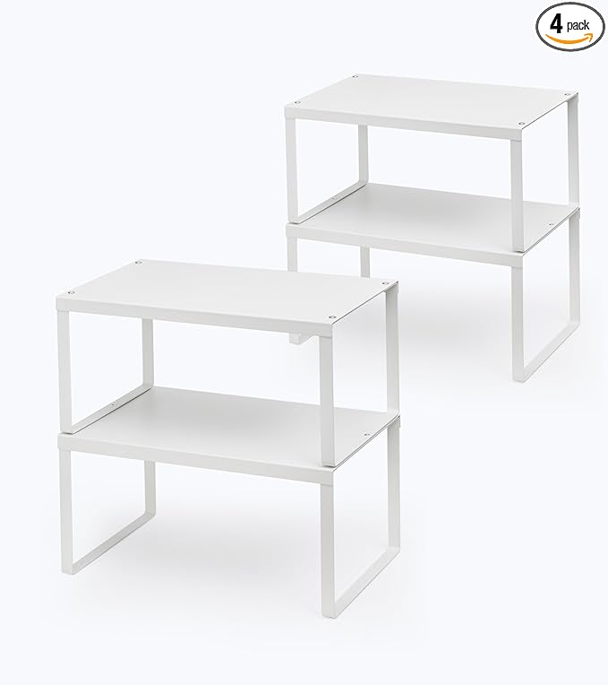 HHVACUUN Cabinet Organizer Shelf, Set of 4 Cabinet Shelves, Stackable Metal Kitchen Counter Organizer, Adjustable Countertop Cupboard Pantry Shelf Riser Storage Rack, White
