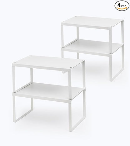 HHVACUUN Cabinet Organizer Shelf, Set of 4 Cabinet Shelves, Stackable Metal Kitchen Counter Organizer, Adjustable Countertop Cupboard Pantry Shelf Riser Storage Rack, White