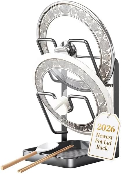 IENG Pot Lid Organizer Holder Rack for While Cooking Under Cabinet Crockpot Pan and Storage Crock Spoon Rest with Kitchen Top Double U-Shaped Slots Steel Countertop Counter Stainless Stand Drip Tray