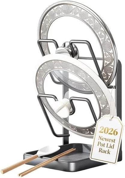 IENG Pot Lid Organizer Holder Rack for While Cooking Under Cabinet Crockpot Pan and Storage Crock Spoon Rest with Kitchen Top Double U-Shaped Slots Steel Countertop Counter Stainless Stand Drip Tray