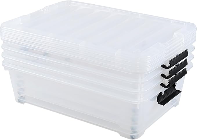 Minekkyes 4-Pack 25 Quart Large Plastic Underbed Clothes Storage Containers Bins, Wheeled Latching Box with Lids for Closet Organizers Shoes Underbed, Clear