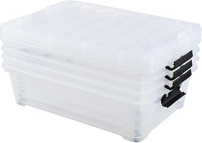 Minekkyes 4-Pack 25 Quart Large Plastic Underbed Clothes Storage Containers Bins, Wheeled Latching Box with Lids for Closet Organizers Shoes Underbed, Clear
