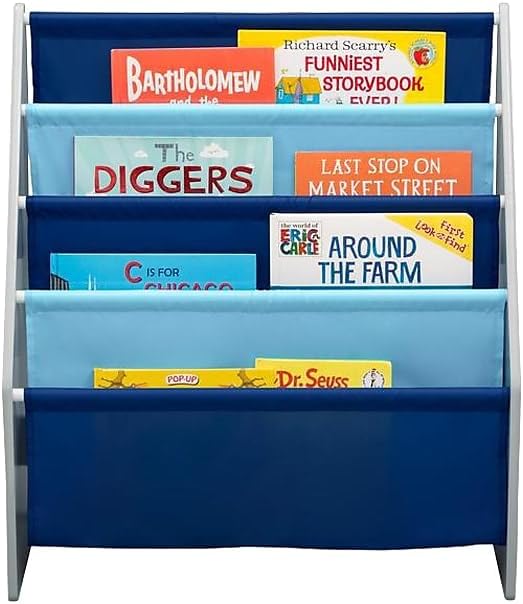 Delta Children Sling Book Rack Bookshelf for Kids - Easy-to-Reach Storage for Books, Magazines or Coloring Books - Ideal for Playrooms & Homeschooling, Grey/Blue