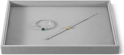 Velvet Stackable Jewelry Display Flat Tray For Ring Earring Necklace Bracelet, Bangle Pendant Storage Blank Plate, Shop Countertop Jewelry Dish Organizer (Gray)