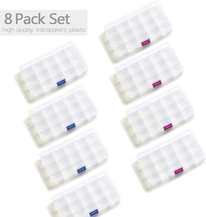 Opret 15 Girds Bead Organizer(8 Pack), Earring Organizer Box, SMALL Plastic Clear Organizing Containers with Adjustable Dividers for Crafts Jewelry Screws Small Items, Size 6.9×3.9×0.9in