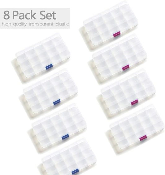 Opret 15 Girds Bead Organizer(8 Pack), Earring Organizer Box, SMALL Plastic Clear Organizing Containers with Adjustable Dividers for Crafts Jewelry Screws Small Items, Size 6.9×3.9×0.9in