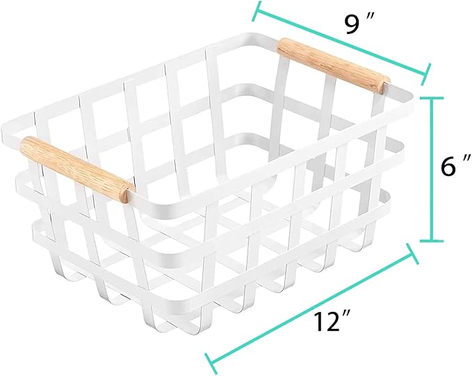 Farmhouse Baskets Wire Storage Metal Baskets Storage Bin Basket Organizer Farmhouse fruit Bin with Wood Handles for Pantry Cabinets Rustic Kitchen Counter Closet,2 Pack - White