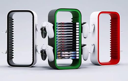 wigmoa Game Storage Tower【15.8INCH】 Compatible with PS5/ Xbox Series S & X/Switch, Universal Video Games Discs Organizers 18 PCS with 4 Controllers Holder, Game Disk Rack Shelf. OYO-1 (White/Black)