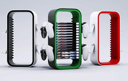 wigmoa Game Storage Tower【15.8INCH】 Compatible with PS5/ Xbox Series S & X/Switch, Universal Video Games Discs Organizers 18 PCS with 4 Controllers Holder, Game Disk Rack Shelf. OYO-1 (White/Black)
