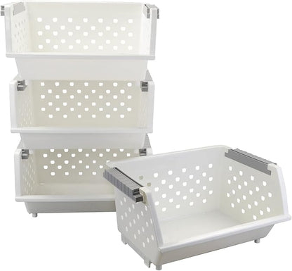 4-Pack Plastic Stackable Storage Basket Organizer, Multi-functional Stacking Basket Bins, White