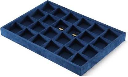 Dansmiy Velvet Stackable Jewelry Display Tray, 24 Grid Earring Ring Storage Tray, Drawer Divider Jewelry Accessories Organizer Plate (Blue)