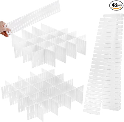 Foraineam 48Pcs Drawer Dividers, Adjustable DIY Grid Divider White Storage Organizer Separator, Socks Underwear Scarves Makeup Drawer Organizer Divider for Dresser Bedroom Office Kitchen Storage