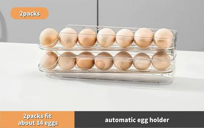 Egg Holder for Fridge,Stackable 1-4 Tiers Container,Auto Rolling Fridge Organizer for Refrigerator,Space-Saving Dispenser Holder,Refrigerator Egg Rack Transparent (2 Packs)
