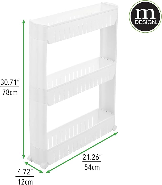 mDesign Slim Plastic Rolling Laundry Utility Cart, Portable Storage Organizer Trolley - Easy-Glide Wheels and 3 Heavy-Duty Shelves, for Laundry, Utility Room, Kitchen or Pantry Storage - White
