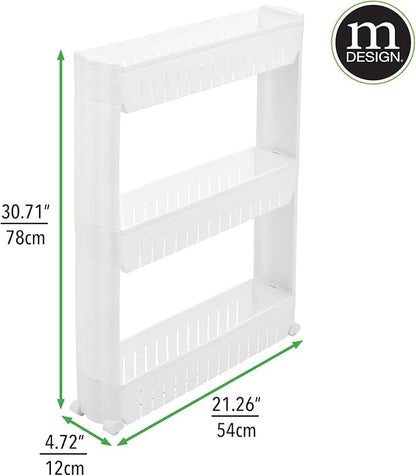 mDesign Slim Plastic Rolling Laundry Utility Cart, Portable Storage Organizer Trolley - Easy-Glide Wheels and 3 Heavy-Duty Shelves, for Laundry, Utility Room, Kitchen or Pantry Storage - White
