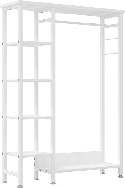 VECELO Open Garment Clothing Rack, Free-Standing Heavy Duty Storage Closet with 5 Shelves and Hanging Rod for Small Spaces, Max Load 350LBS, White