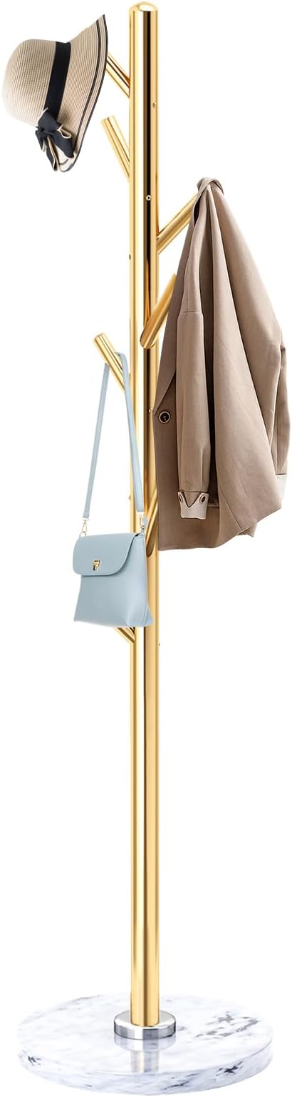 Modern Coat Rack Stand, Metal Freestanding Coat Rack with Natural Marble Base, Golden Coat Racks with 8 Hooks and Coat Hanger Tree Jacket Stand for Office, Entryway, Hallway