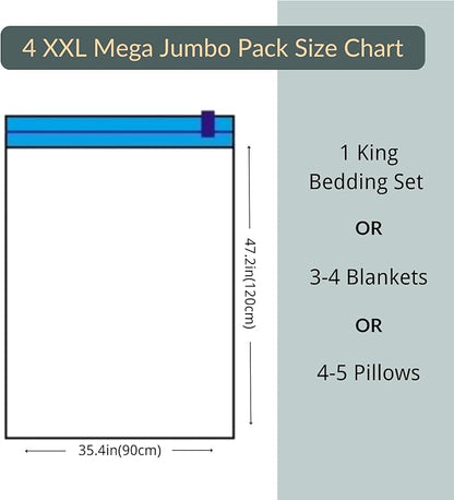 4 Mega Jumbo XXL Vacuum Storage Bags with Pump (47x35in), Supersized Compression Space Saver for Comforter, duvet, Bedding, Blanket storage, Vacuum Seal Bags for Clothing, Stuffed Toy, Cushions