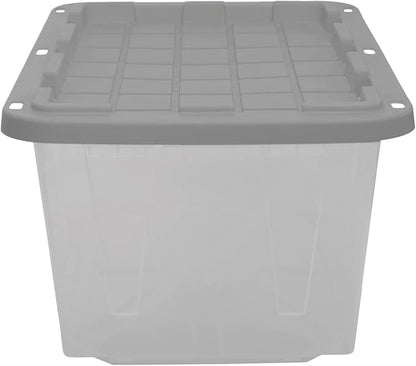 CX BLACK & YELLOW 27-Gallon Heavy Duty Clear Storage Bins with Lids, Stackable Plastic Storage Bins with Weather-Resistant Design, Home Organization, Clear & Grey, 4 Pack (14.3H x 20.6W x 30.6D)