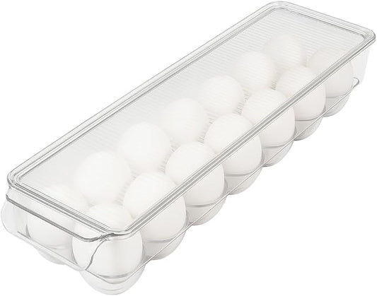 Dependable Industries inc. Essentials Clear Acrylic Egg Storage Container with Lid, 14-Egg Capacity, BPA-Free Refrigerator Organizer, Stackable Tray with Handle, Dishwasher Safe