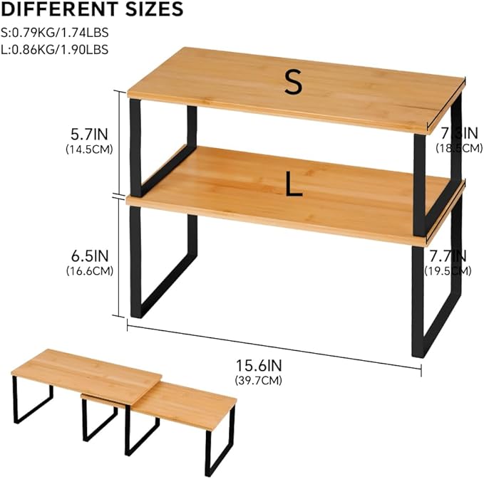 Kitchen Cabinet Organizer Shelf, Set of 2 Stackable Counter Shelves, Small Wood Cabinet Riser Shelf for Pantry Cupboard Spice Dish Mug Cup, Expandable, Metal Engineered Wood (Beige & Black, 15.6''W)