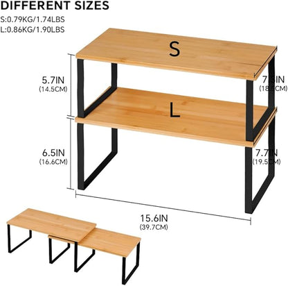 Kitchen Cabinet Organizer Shelf, Set of 2 Stackable Counter Shelves, Small Wood Cabinet Riser Shelf for Pantry Cupboard Spice Dish Mug Cup, Expandable, Metal Engineered Wood (Beige & Black, 15.6''W)