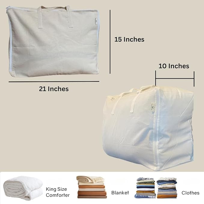 Forever Cotton Storage Bag with Handles for Beddings, Comforters, Blankets, Linens -Underbed/WardrobeThick Soft Breathable Closet Organizer Bag (Large (21"X15"X10"), Off-White)