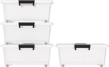 Sandmovie 4-Pack 25 Qt Plastic Under Bed Storage Organizer Bin with Latch Lids and Wheels, Underbed Plastic Container, Clear