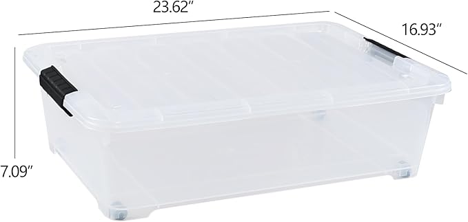 Minekkyes 4-Pack 25 Quart Large Plastic Underbed Clothes Storage Containers Bins, Wheeled Latching Box with Lids for Closet Organizers Shoes Underbed, Clear