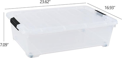 Minekkyes 4-Pack 25 Quart Large Plastic Underbed Clothes Storage Containers Bins, Wheeled Latching Box with Lids for Closet Organizers Shoes Underbed, Clear