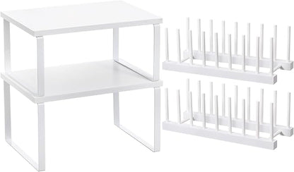 Marsui 4 Pcs Kitchen Organizer Accessories Set Cabinet Organizer Shelf and Bamboo Dish Drying Plate Rack Counter Shelves Storage Holder for Spice Rack, Dish, Pot Lid, Bowl, Cup (White)