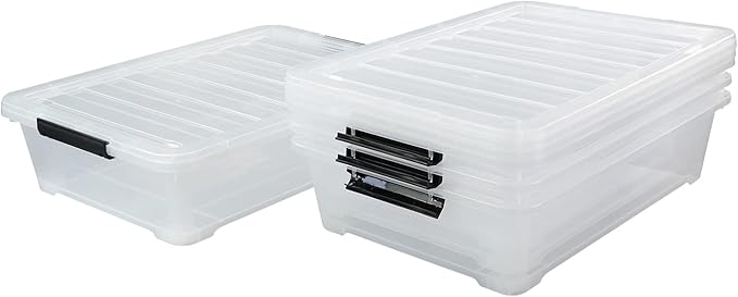 Minekkyes 4-Pack 40 Quart Large Plastic Under Bed Storage Bin, Underbed Box With Wheels/Lids, Clear