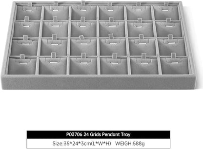 Velvet Necklace Display Tray, Stackable 24 Grid Insert Pendant Necklaces Storage Holder Plate, Jewelry Retail Countertop Organizer (Gray)