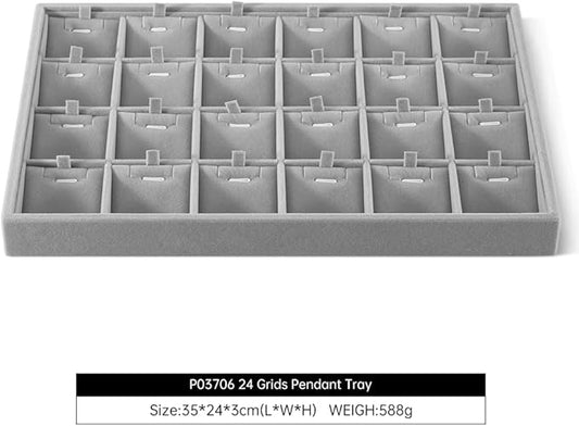 Velvet Necklace Display Tray, Stackable 24 Grid Insert Pendant Necklaces Storage Holder Plate, Jewelry Retail Countertop Organizer (Gray)