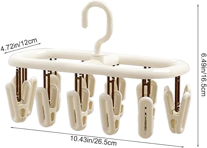 Beige Socks Drying Rack, Foldable Multifunctional Clothes Hanger with 12 or 20 Clips, Plastic, Space-Saving for Socks, Underwear, Gloves, Towels, Rotatable Hook for Easy Hanging (12 Clips)