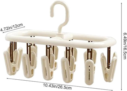Beige Socks Drying Rack, Foldable Multifunctional Clothes Hanger with 12 or 20 Clips, Plastic, Space-Saving for Socks, Underwear, Gloves, Towels, Rotatable Hook for Easy Hanging (12 Clips)