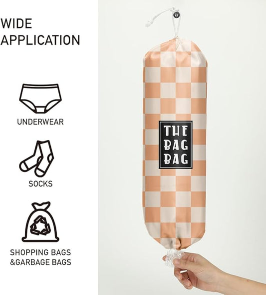 Plastic Bag Holder,Reusable And Washable Grocery Bag organizer,for Home Kitchen Travelling Camping Decor, use 1 Pack, Orange And White Checkerboard Pattern
