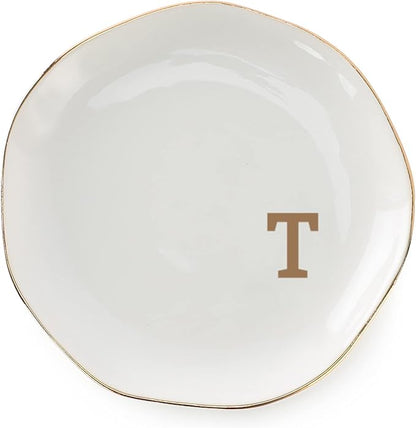 VINCOMIC Initials Ring Dish Jewery Tray with Personalized T-Monogrammed Gifts Wedding Engagement for Women Friends Sister Teacher,Ceramic White