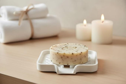 Happitasa Silicone Soap Dish Tray and Sponge Holder with Drain Chute and Feet | 3-Way Sloped Design | Bathroom and Kitchen Sink Organizer Caddy (Sand Dollar, 5"x4")