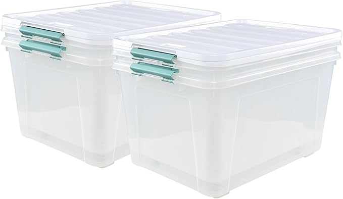 Cinkyou 85 L Clear Latch Storage Bin with Lid and Wheels, Stackable Plastic Storage Boxs, 4 Packs
