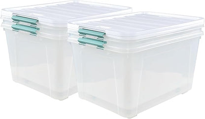 Cinkyou 85 L Clear Latch Storage Bin with Lid and Wheels, Stackable Plastic Storage Boxs, 4 Packs
