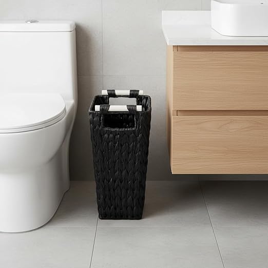 Endymion Black Wicker Trash Can,5 Gallon Bathroom Trash Can with Wooden Handles,Woven Narrow Waste Basket for Bedroom,Office,Living Room