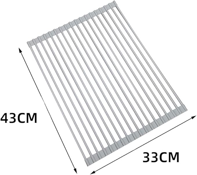 Pezixueran Roll Up Dish Drying Rack Over The Sink.Foldable Kitchen Drainer,Fully Silicone Cover Stainless Steel Bar,Heat-Resistant, Anti-Slip Sink Rack for Kitchen Counter Multipurpose.