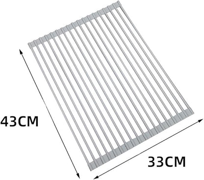Pezixueran Roll Up Dish Drying Rack Over The Sink.Foldable Kitchen Drainer,Fully Silicone Cover Stainless Steel Bar,Heat-Resistant, Anti-Slip Sink Rack for Kitchen Counter Multipurpose.