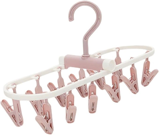 Portable Foldable Clothes Drying Rack, 20 Rotating Clips, Multi-Purpose Laundry Hanger for Underwear, Socks, Indoor/Outdoor Use, Compact, Lightweight, Convenient for Travel and Dorms (Pink)